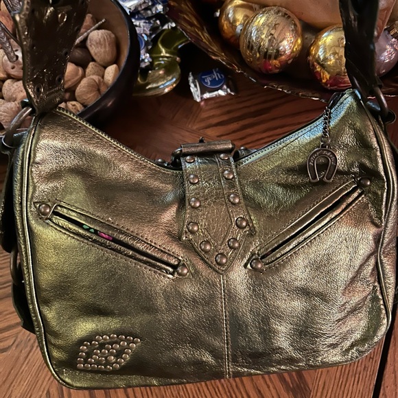Vintage BETSEY JOHNSON Olive Heavy Metal Studded Satchel Handbag - Picture 6 of 16